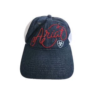 Ariat Mesh Snapback Hat Denim Blue White Red Cursive Logo Adjustable Trucker Cap
